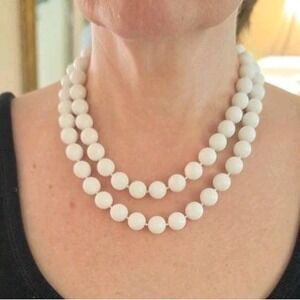 Vtg 1960s White Bead Necklace Double Strand Hong Kong Lucite Plastic Costume MCM